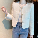 Kukombo Korean Fashion Tweed Cropped Jackets for Women 2025 Spring Round Neck Chic Coat Woman Beige Single-Breasted Jacket Female