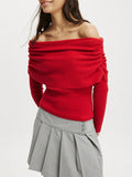 Kukombo Off The Shoulder Knit Tops for Women Y2k Strapless Ribbed Long Sleeve Going Out Top Sexy Ruched Pullover Tops