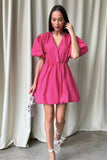 Kukombo V-Neck High Waist Pleated Mini Dress with Short Sleeves