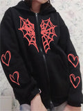 Kukombo Y2k Vintage Gothic Hoodies Spider Web & Heart Printing Zipper Jacket Sweatshirt Women Dark Aesthetic Preppy Hoodies Streetwear