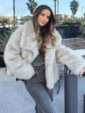 Kukombo Fashion Cropped Faux Fur Jacket Coat Women's Long Sleeve High Street Female Outerwear Chic Lapel Collar Thick Coat Winter