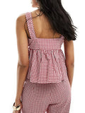 Kukombo Y2k Tank Top Sleeveless Women Red Gingham Bow Tie Down Camisole Ruffle Hem Peplum Tops Summer Streetwear