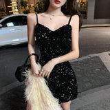 Kukombo Sequins Mini Dress Women Spaghetti Strap Slim Sexy Club Party Elegant Dresses