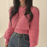 Kukombo Pink Cropped Knitted Sweaters for Women 2025 Korean Fashion Loose Long Sleeve Jersey Woman Solid Color Wild Round Neck Pullover