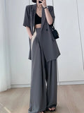 Kukombo Short Sleeve Wide Leg Pants Blazer Suit Summer New Fashion Work Business Casual Female Clothes Two Piece Set