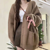 Kukombo Harajuku Loose Brown Cardigan Women Chic V Nekc Single Breasted Knitted Cardigans Woman Autum Winter Student Sweater Coat