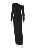 Kukombo White Skew Collar Long Sleeve Maxi Dress For Women 2024 Autumn Winter New Bodycon Elegant Party Dress Female High Waist