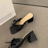 Kukombo Pink Sandal Slippers Women Shoes 2024 Summer Square Open Toe Bow Fashion Female Slipper Chunky Heel Outside Wear Slides Shoes