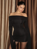 Kukombo One-Shoulder Ruched Sexy Dress For Women Long Sleeve Slim Mini Dress Hip Wrap Solid High Waist Clothes Fashion Streetwear