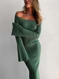 Kukombo Knit Long Sleeve Slim Dress For Women Elegant One-Shoulder Sexy Long Gown Dresses Solid Rib Sweater Dress Autumn Winter