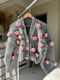 Kukombo Women Knit Cardigan Long Sleeve Flowers Button Closure Fall Casual Jacket Sweater