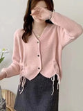 Kukombo Autumn V Neck Knitted Cardigan Women Elegant Sweater Lace-Up Long Sleeve Top Female One Piece Casual Clothes New Fashion Winter