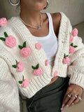 Kukombo Women Knit Cardigan Long Sleeve Flowers Button Closure Fall Casual Jacket Sweater