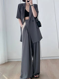 Kukombo Short Sleeve Wide Leg Pants Blazer Suit Summer New Fashion Work Business Casual Female Clothes Two Piece Set