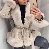 Kukombo PU Splice Fur Collar Wrap Coat For Women Lace Up Slim Long Sleeve Coat Woman Winter Street Elegant Jacket Women's Clothes