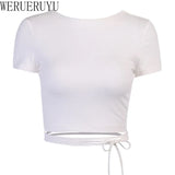 Kukombo Bandage Backless White T Shirt Crop Top Women Y2k Aesthetic Clothes Korean Fashion Kawaii Short Sleeve Tshirts Sexy Summer 2022