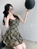 Chiffon Plaid Retro Fashion Dress Off Shoulder Sling Women Summer Dress Patchwork A-Line V-Neck High Waist Street Dress