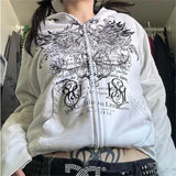 Kukombo hirigin Gothic Sweatshirt Women y2k Clothes Graphic Print Zip Up Long Sleeve Tops with Pockets Fairy Grunge Hoodie Streetwear