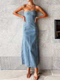 Kukombo Side Slit Denim Bodycon Dress For Women Slim Sleeveless Maxi Dresses Women's Street Sexy Streetwear Woman Autumn  New