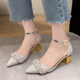 Kukombo Bling Crystal High Heels Pumps Women Elegant Pearl Buckle Square Heels Wedding Party Shoes Ladies Pointed Toe Ankle Strap Pumps