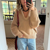 Kukombo Fashion Casual Round Knit Sweater For Women Solid Color Loose Autumn 2024 New Pullovers Long Sleeve Female Knitted Top