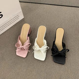 Kukombo Pink Sandal Slippers Women Shoes 2024 Summer Square Open Toe Bow Fashion Female Slipper Chunky Heel Outside Wear Slides Shoes