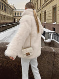 Kukombo 2025 New White Imitation Fur Short Jackets Female Fashion Solid Long Sleeve Thick Streetwear Coat Loose Lapel Outwear