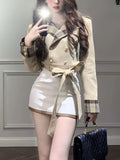 Kukombo Winter Korean Fashion 2 Piece Set Women Elegant Blazers Jackets + Mini Skirt 2000s Vintage Suits Long Sleeve Coats Y2k Outfits