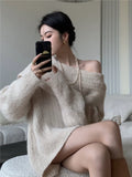 Kukombo Long Sleeve Loose Knitted Tops Women Korea Fashion Elegant Sweater Office Lady Autumn Pure Color Pullover Chic Y2k Clothes