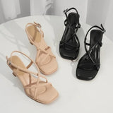 Kukombo 2024 Summer New Simple Square Headed Slim Strap Thick Heel Sandals for Women, Straight Toe Open Toe Sandals for Women