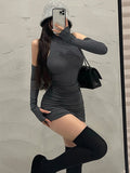 Kukombo  New Women's Mini Dress Sleeveless Pleated Skinny Dress High Neck Lace Up Autumn Black Tight Elastic Party Tank Dresses