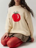 Kukombo Women's Crochet Knitted Sweaters Y2k Vintage Tomato Graphic Hollow Hole Long Sleeve Round Neck Loose Tops 2024 Autumn New