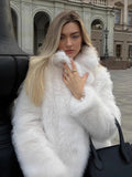 Kukombo 2025 New White Imitation Fur Short Jackets Female Fashion Solid Long Sleeve Thick Streetwear Coat Loose Lapel Outwear