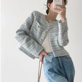 Kukombo Elegant Pearls Buttons Crop Jacket Women Korean Fashion Round Neck Tweed Coat Womans Pockets Chic Short Coats Female