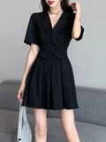 Kukombo Women Pleated Short Skirt Suits Elegant High-end Suit Collar Dress Summer Sweet Cool High Street Slim A-line Two Pieces Set