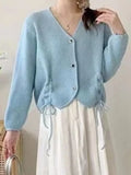 Kukombo Autumn V Neck Knitted Cardigan Women Elegant Sweater Lace-Up Long Sleeve Top Female One Piece Casual Clothes New Fashion Winter