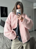 Kukombo Pink Short Fur Jacket Coat For Women Autumn Winter Casual Stand Collar Pocket Loose Fashion Long Sleeve Jacket Top Female