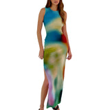 Kukombo  Women Blur Print Tank Dress Sleeveless Maxi Dress Backless Slim Fit Split Long Dress Night Party Dress Ladies Summer Wear