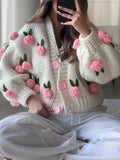 Kukombo Women Knit Cardigan Long Sleeve Flowers Button Closure Fall Casual Jacket Sweater