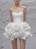 Kukombo Spliced 3D Flower White Solid Strapless Mini Dress