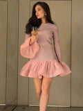 Kukombo Knitted Mini Dress Female Long Sleeves Gown Flare Sleeves Spliced Autumn Winter Dress A-Line Sweet Bodycon Women Clothes