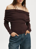 Kukombo Off The Shoulder Knit Tops for Women Y2k Strapless Ribbed Long Sleeve Going Out Top Sexy Ruched Pullover Tops