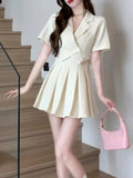 Kukombo Women Pleated Short Skirt Suits Elegant High-end Suit Collar Dress Summer Sweet Cool High Street Slim A-line Two Pieces Set