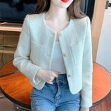 Kukombo Korean Fashion Tweed Cropped Jackets for Women 2025 Spring Round Neck Chic Coat Woman Beige Single-Breasted Jacket Female