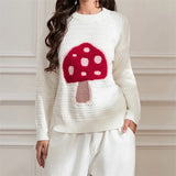 Kukombo Women Y2K Mushroom Graphic Print Sweater Long Sleeve Cute Floral Oversized Knitted Pullover Aesthetic Distressed Sweater