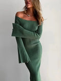 Kukombo Knit Long Sleeve Slim Dress For Women Elegant One-Shoulder Sexy Long Gown Dresses Solid Rib Sweater Dress Autumn Winter