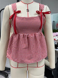 Kukombo Y2k Tank Top Sleeveless Women Red Gingham Bow Tie Down Camisole Ruffle Hem Peplum Tops Summer Streetwear