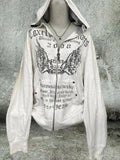 Kukombo Vintage Sweatshirts Women's Clothes White Print Tunic Hooded Y2k Coat Streetwear Fashion Casual Hoodies Tops Ropa Mujer