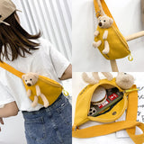 Kukombo Cute Bear Waist Bag Canvas Belt Bags Designer Crossbody Chest Bag Solid Color Female Fanny Pack Banana Hip Purse for Women