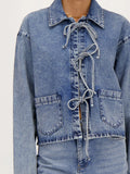 Kukombo Women Y2k Denim Tie Front Jacket Lapel Neck Long Sleeve Jean Crop Blouse Coat Lightweight Jean Jacket With Pockets Streetwear